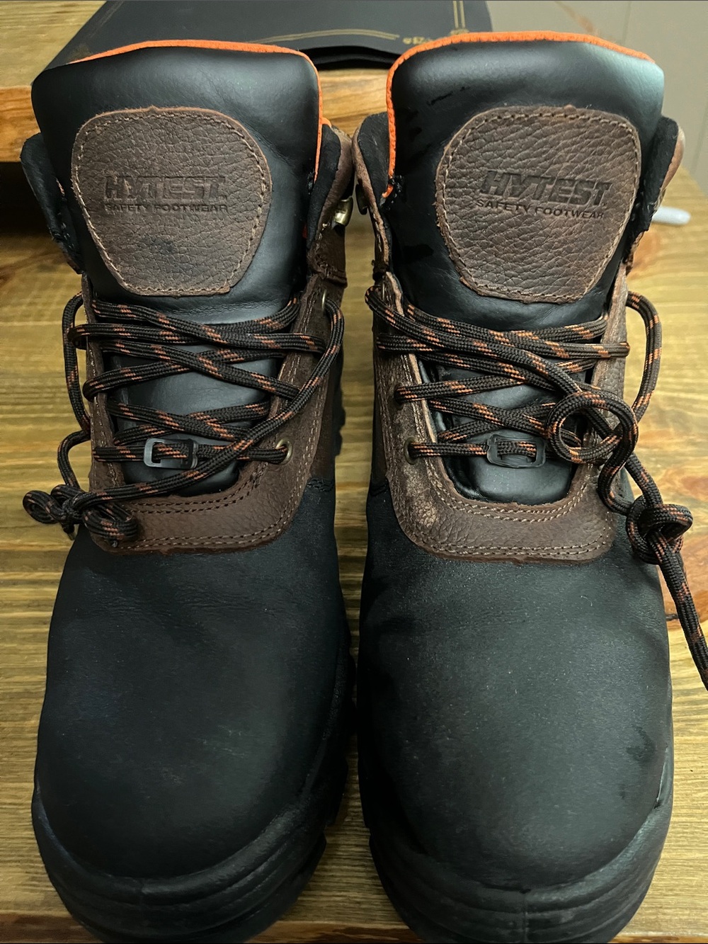 Hy-Test Men's Black and Brown Work Boots with Orange Accents 11w